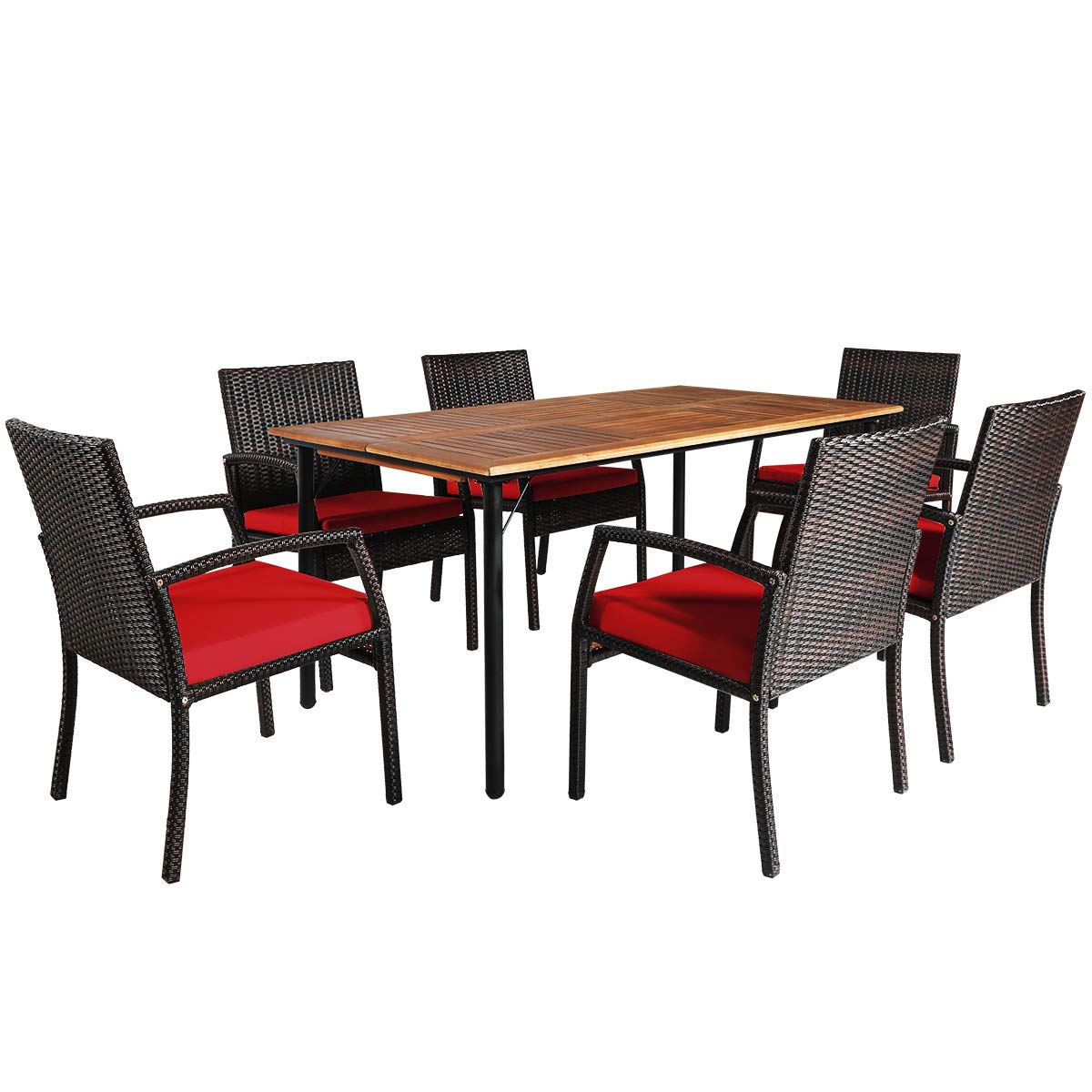 Tangkula Ensemble de salle à manger de patio 7 pièces, mobilier de salle à manger en bois d'acacia et osier avec cadre en acier robuste et trou pour parasol